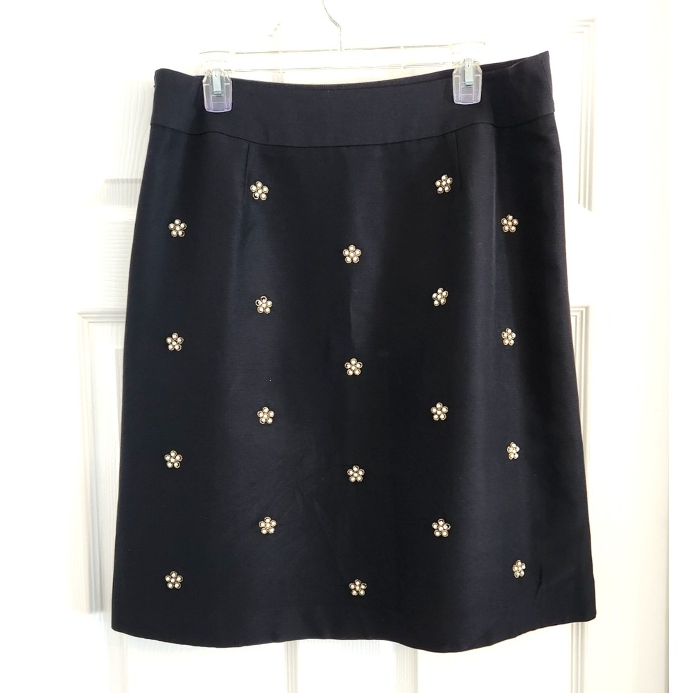 Talbots Black Beaded Embellished Floral Women's Skirt SZ 12 Silk Cotton Lined